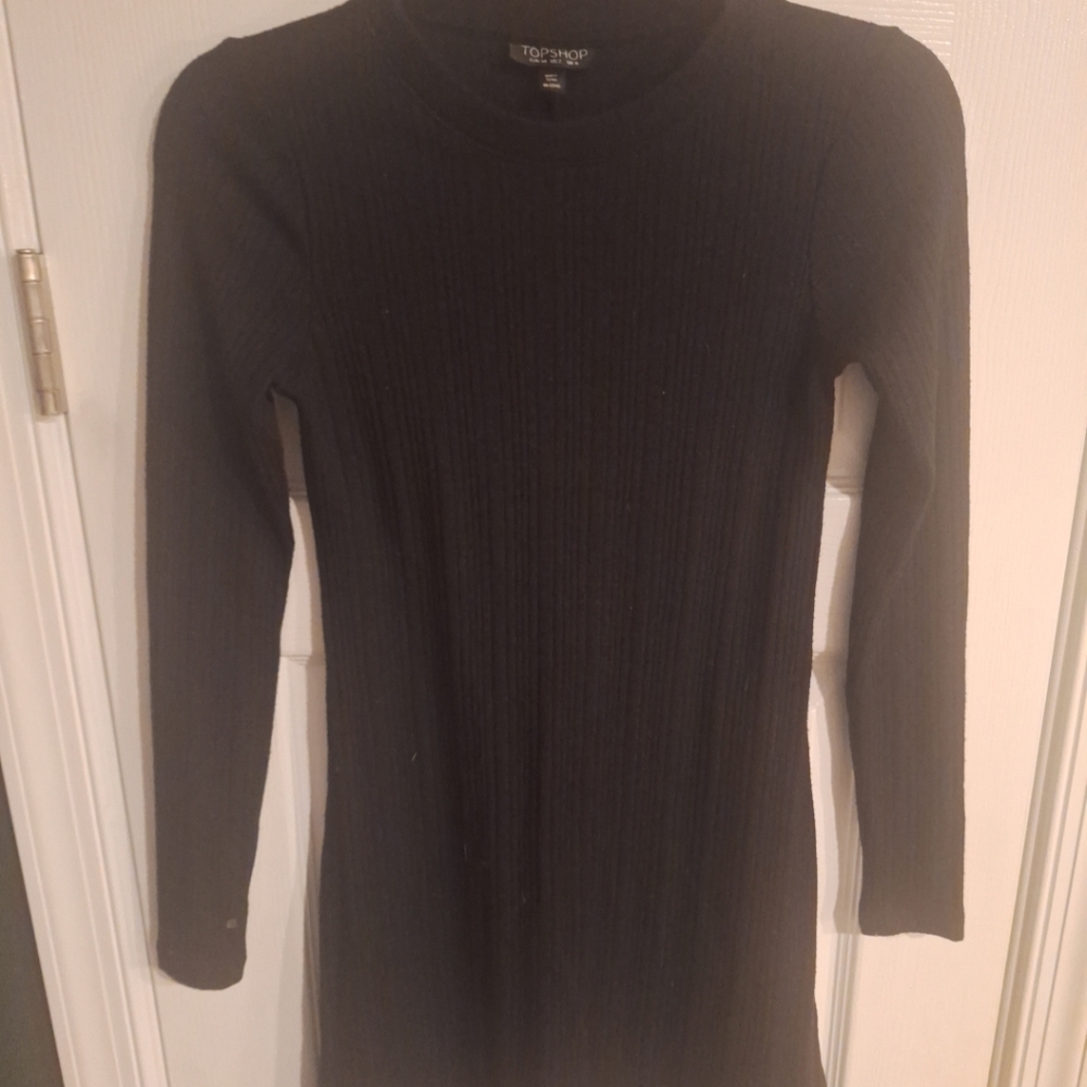 Top Shop black long-sleeved ribbed mini dress size 2 round neck
